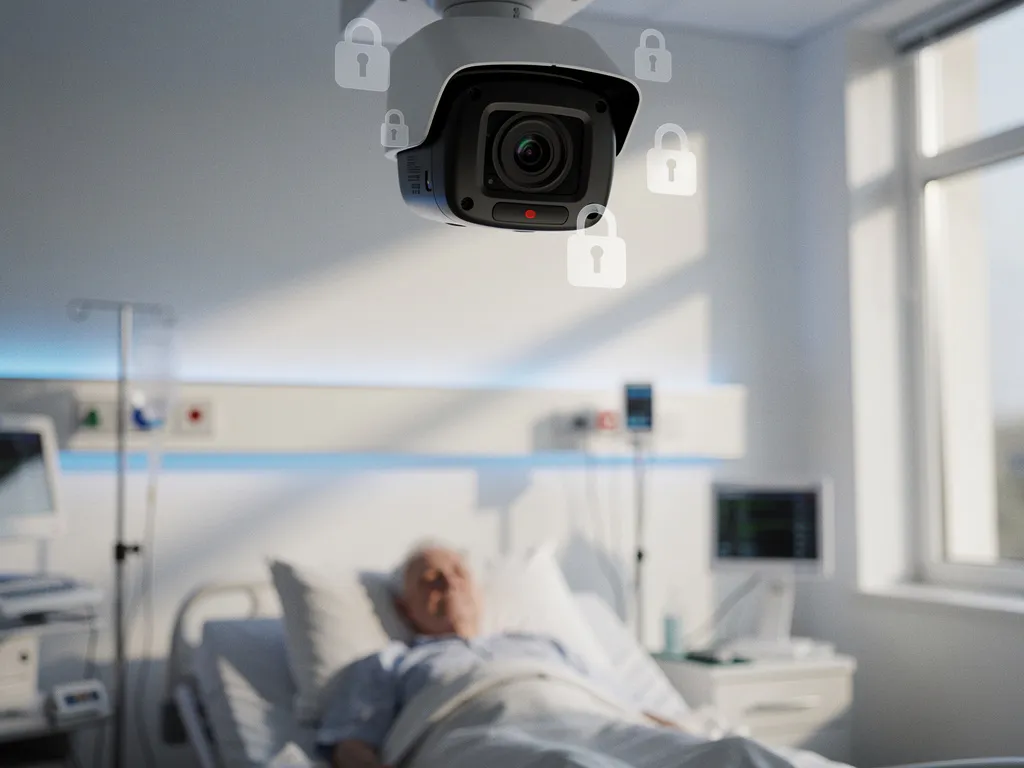 Beveiligingscamera aan ziekenhuisplafond boven bed van oudere patiënt met digitale slotpictogrammen rond lens