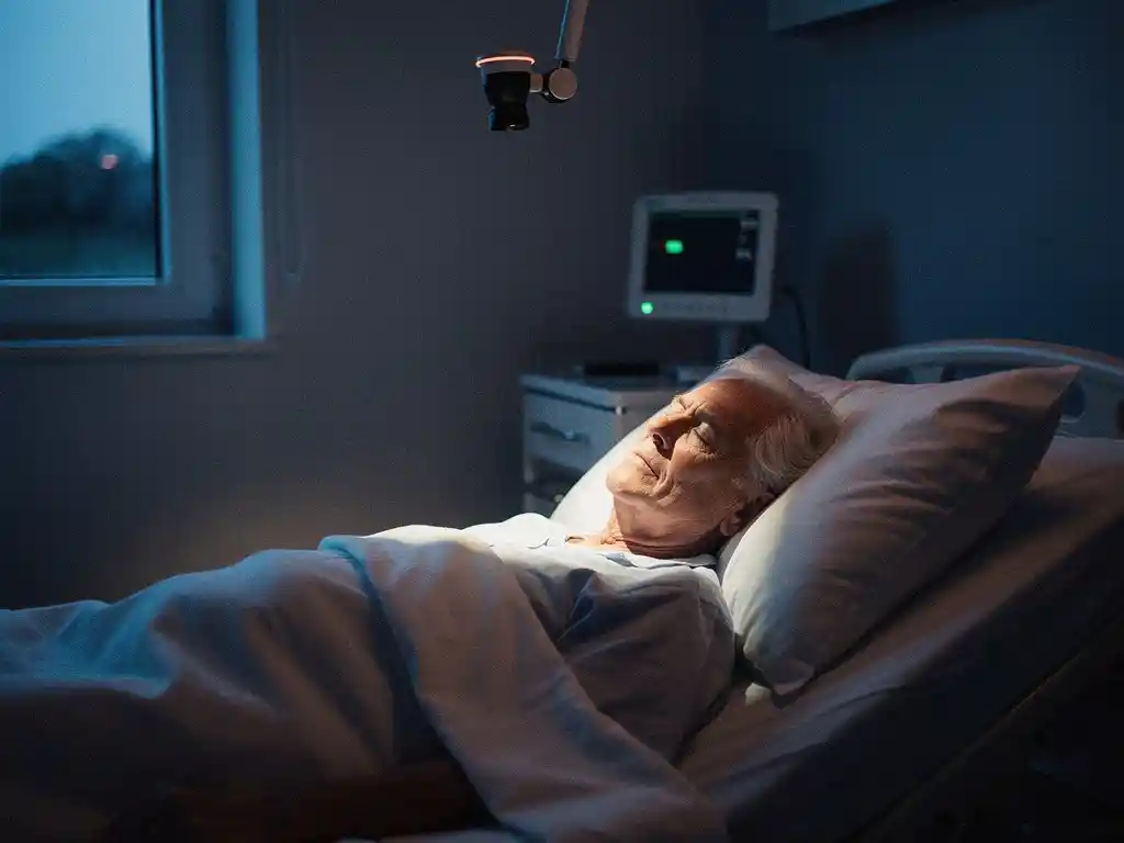 Oudere persoon slaapt rustig in ziekenhuisbed met plafondcamera en maanlicht door raam