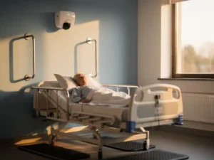 Witte wandgemonteerde camera met LED-indicator boven ziekenhuisbed met oudere patiënt, medische apparatuur en valpreventie matten zichtbaar in warme zonneschijn