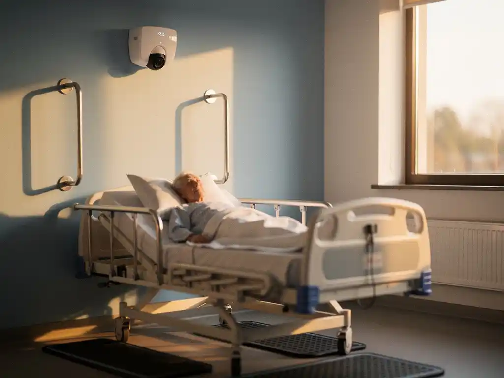 Witte wandgemonteerde camera met LED-indicator boven ziekenhuisbed met oudere patiënt, medische apparatuur en valpreventie matten zichtbaar in warme zonneschijn