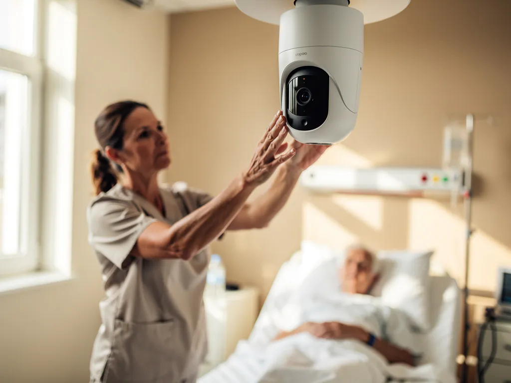 Zorgverlener in uniform past moderne plafondcamera boven bed van oudere patiënt in lichte ziekenhuiskamer aan