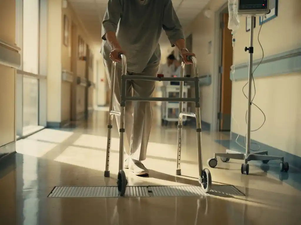 Oudere persoon met rollator navigeert voorzichtig door ziekenhuisgang met verhoogde vloerovergang en medische apparatuur