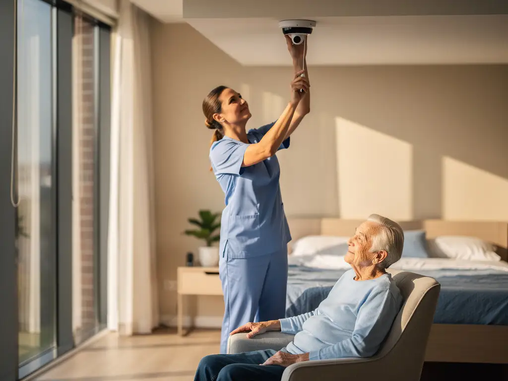 Zorgprofessional installeert witte plafondcamera in slaapkamer van oudere bewoner die rustig in fauteuil zit