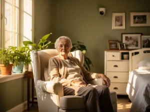 Oudere persoon rust in fauteuil onder discrete witte plafondcamera, warme woonkamer met planten en familiefoto's