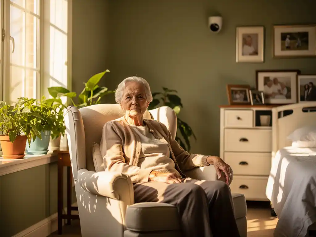 Oudere persoon rust in fauteuil onder discrete witte plafondcamera, warme woonkamer met planten en familiefoto's