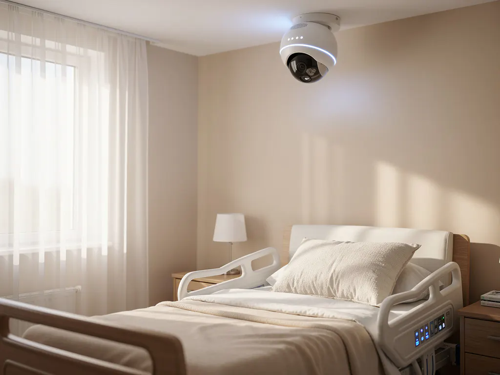 Witte plafondcamera met LED-indicatoren in slaapkamer van oudere persoon met veiligheidsrails en zachte ochtendverlichting