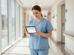 Zorgverlener in scrubs bekijkt digitale tablet met personeelsplanningen in moderne ouderenzorggang met natuurlijk licht