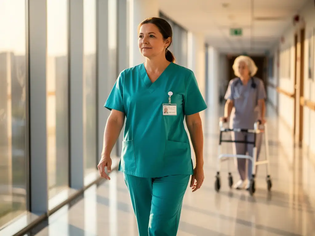 Zorgmedewerker in uniform loopt door lichte gang van moderne ouderenzorginstelling terwijl bewoner met rollator op achtergrond wandelt
