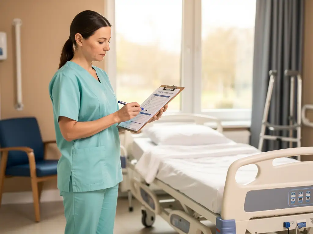 Zorgverlener in scrubs bekijkt checklist op klembord naast ziekenhuisbed in moderne ouderenzorgkamer met veiligheidsbeugels