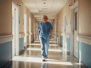 Moderne ziekenhuisgang met zorgprofessional die langs patiëntenkamers met plafondcamera's loopt, natuurlijk licht door ramen