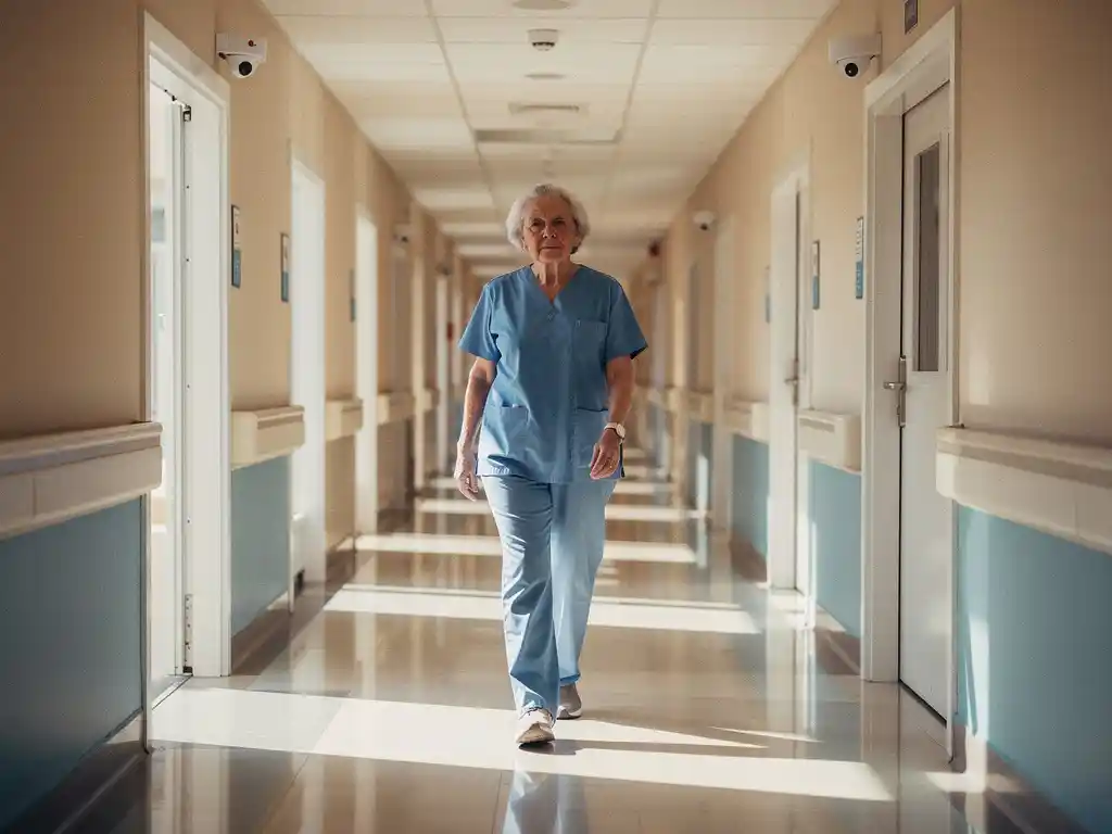 Moderne ziekenhuisgang met zorgprofessional die langs patiëntenkamers met plafondcamera's loopt, natuurlijk licht door ramen