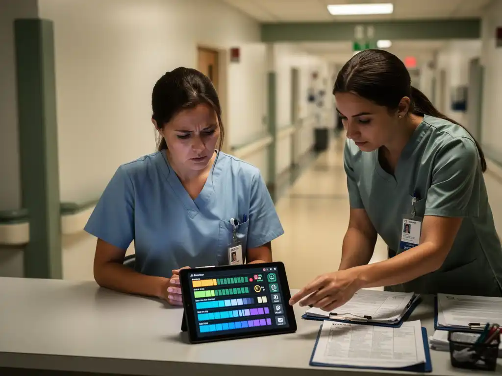 Verpleegkundige bij verpleegpost bekijkt AI-meldingen op tablet terwijl collega routinewerk overneemt.