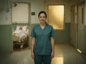 Verpleegkundige in scrubs staat rustig in een ziekenhuisgang, terwijl een bewakingscamera toezicht houdt op een rustende oudere patiënt.
