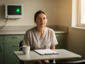 Uitgeputte verpleegkundige ontspant in ziekenhuispauzeruimte bij groen monitorlicht, koffie en klembord onaangeroerd op tafel.