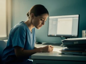 Uitgeputte verpleegkundige in blauwe scrubs aan bureau met patiëntendossiers, hoofd gebogen onder werkdruk, zacht verlicht door natuurlijk raamlicht.