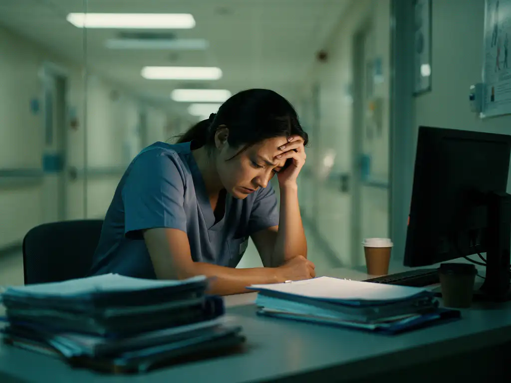 Uitgeputte verpleegkundige in scrubs leunt op haar hand aan een klinisch bureau, omringd door patiëntendossiers en een leeg koffiekopje.