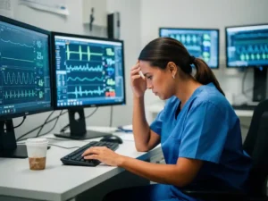Verpleegkundige in scrubs aan klinisch werkstation met monitorschermen, hand tegen slaap gedrukt van vermoeidheid, afkoelende koffie naast haar.