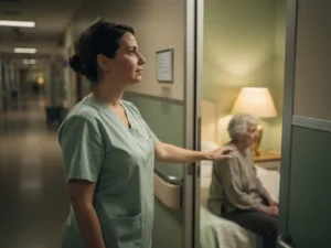 Verpleegkundige in scrubs legt troostend hand op schouder van oudere patiënt in zachtgekleurd ziekenhuisgang, warme gouden belichting.