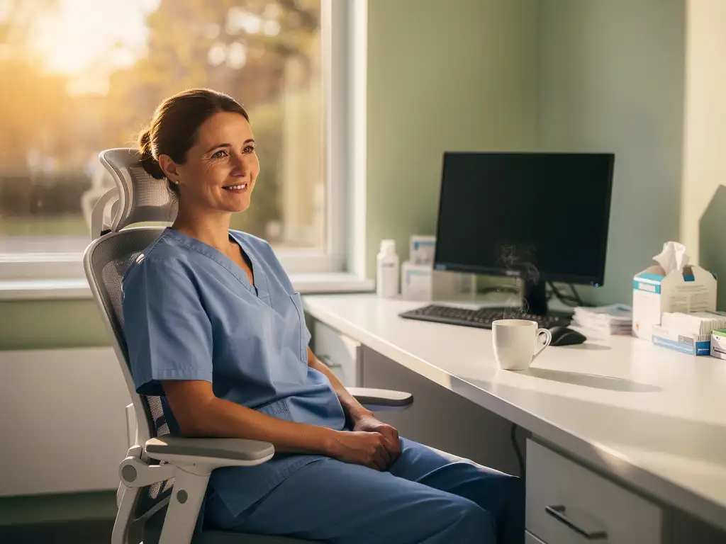 Vermoeide verpleegkundige in scrubs glimlacht aan een verlicht verpleegstation met dampende koffie, gouden ochtendlicht en een wazige zorgcorridor op de achtergrond.