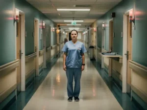Verpleegkundige in scrubs staat alleen in een lege gang van een verzorgingstehuis met knipperende oproeplichten boven patiëntenkamers.