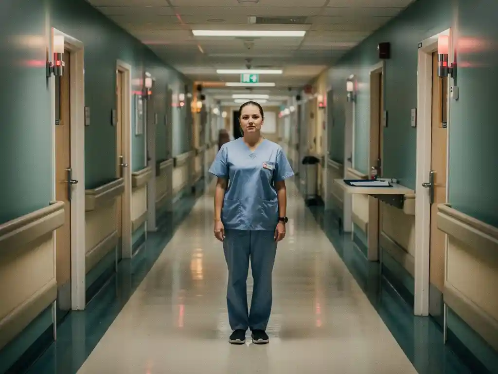 Verpleegkundige in scrubs staat alleen in een lege gang van een verzorgingstehuis met knipperende oproeplichten boven patiëntenkamers.