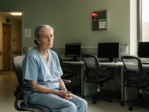 Vermoeide oudere verpleegkundige in scrubs aan een zorgstation, omringd door lege stoelen en een knipperend oproeplicht op de achtergrond.