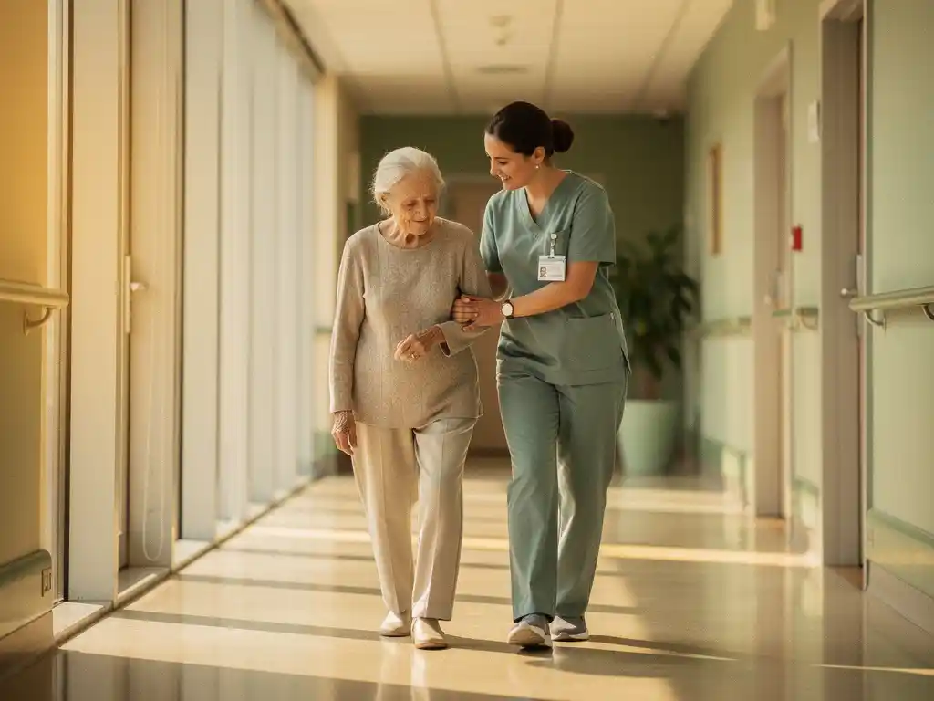 Verpleegkundige in scrubs begeleidt glimlachend een oudere bewoner door een zonnige gang van een verzorgingshuis.