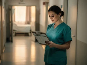 Verpleegkundige in scrubs bekijkt wekelijks personeelsrooster op klembord in zorghuisgang, lege kamers suggereren onderbezetting.