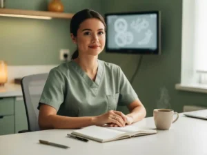 Verpleegkundige aan een opgeruimd verpleegstation met notitieboekje, pen en koffie, zacht monitorlicht op de achtergrond.