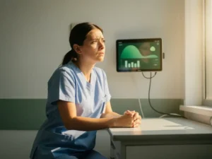 Vermoeide verpleegkundige ademt opgelucht uit bij een werkstation, met een groen monitoringdashboard op een tablet aan de muur.