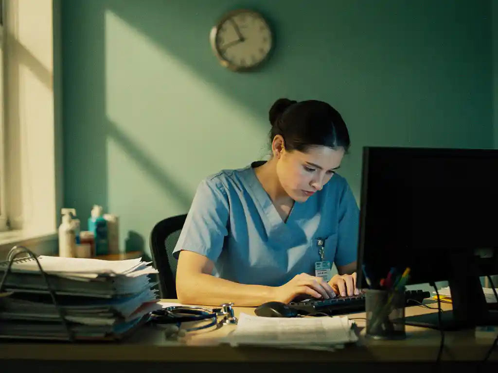 Verpleegkundige aan rommelig bureau met hoofd gebogen onder stress, omringd door patiëntendossiers en een zacht gloeiend beeldscherm.