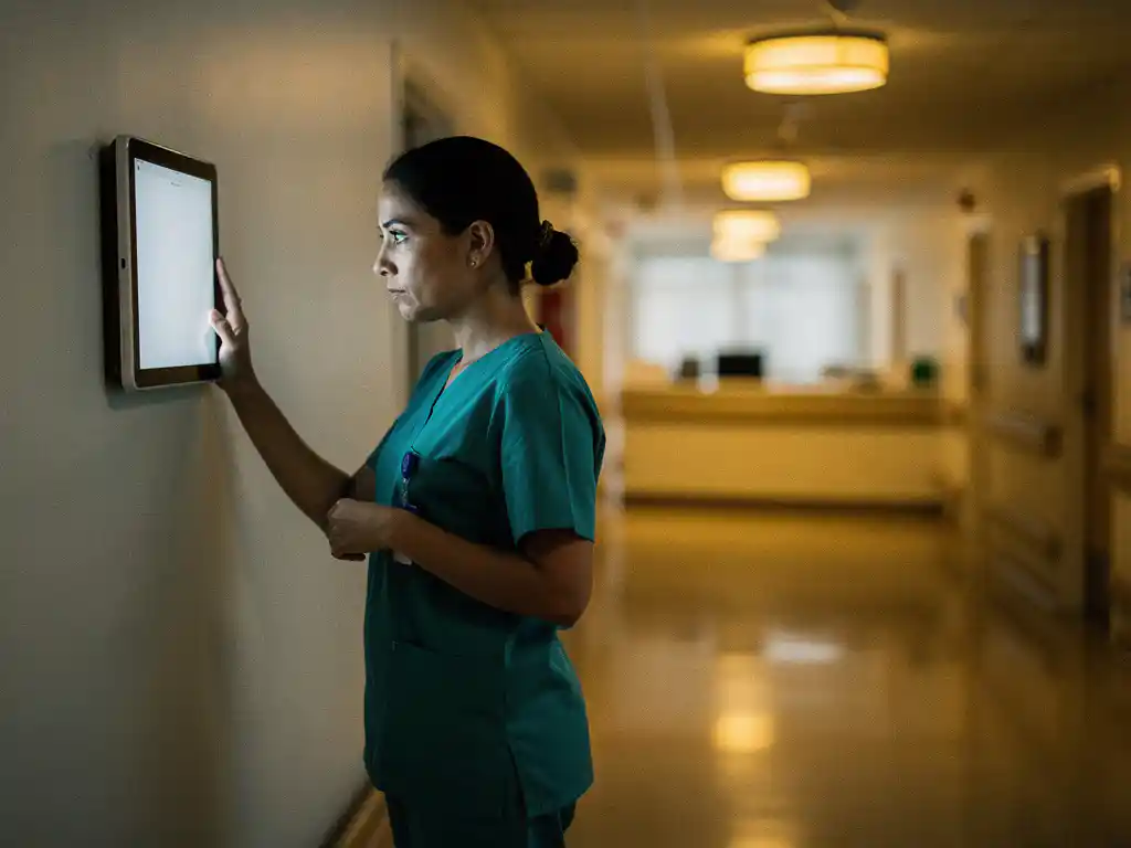 Verpleegkundige in scrubs bekijkt tablet aan muur in verlichte zorghuisgang, lege verpleegpost op achtergrond wijst op onderbezetting.