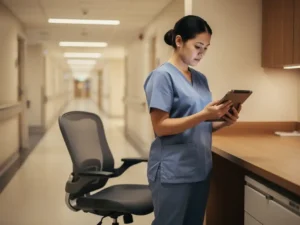 Verpleegkundige in scrubs bekijkt tablet bij verpleegpost in verzorgingshuis, lege stoel op de voorgrond symboliseert personeelstekort.