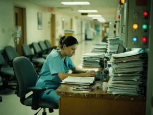 Vermoeide verpleegkundige in scrubs aan druk verpleegpost, omringd door overvolle patiëntendossiers en knipperende oproeplichten.