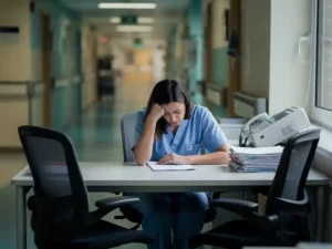 Uitgeputte verpleegkundige in scrubs leunt op haar hand aan een verlaten verpleegpost, lege stoelen en patiëntendossiers om haar heen.