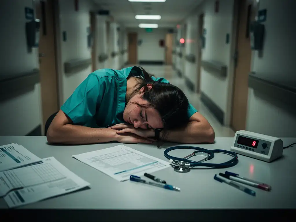Uitgeputte verpleegkundige in scrubs voorovergebogen op een ziekenhuisbalie, omringd door patiëntendossiers en een knipperend alarmlampje.