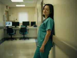 Uitgeputte verpleegkundige in scrubs leunt met gesloten ogen tegen ziekenhuisgang muur, lege verpleegpost op achtergrond.