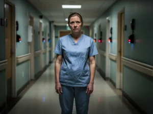 Uitgeputte verpleegkundige in scrubs in lege zorghuisgang, meerdere knipperende oproepknoppen onbeantwoord op de achtergrond.