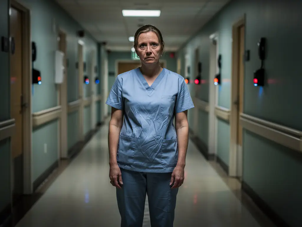 Uitgeputte verpleegkundige in scrubs in lege zorghuisgang, meerdere knipperende oproepknoppen onbeantwoord op de achtergrond.