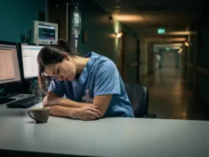 Uitgeputte zorgverlener met hoofd op gevouwen armen aan verpleegpost, onaangeroerde koffie en lege gang op de achtergrond.