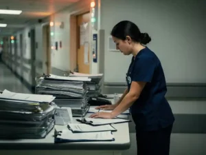 Uitgeputte verpleegkundige in scrubs leunt op overvolle verpleegpost met knipperende oproeplichten en stapels patiëntendossiers.