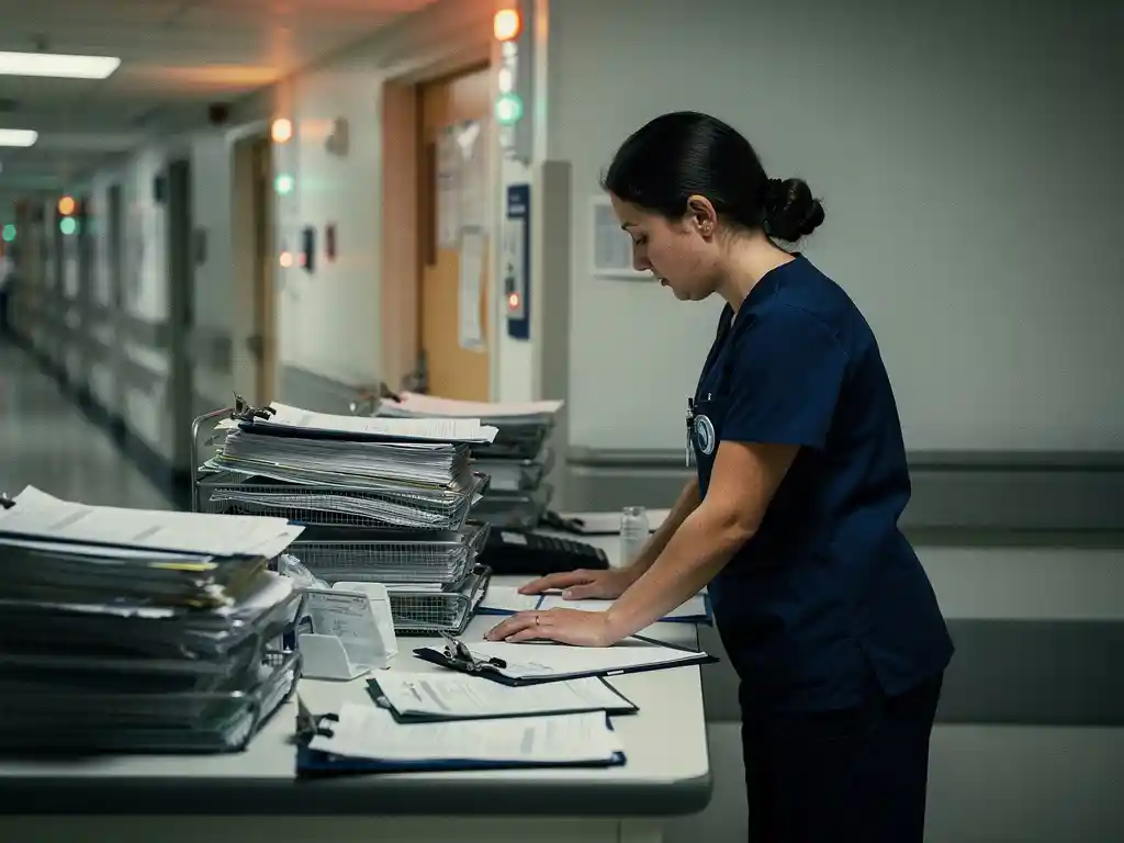 Uitgeputte verpleegkundige in scrubs leunt op overvolle verpleegpost met knipperende oproeplichten en stapels patiëntendossiers.