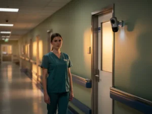 Verpleegkundige in scrubs in een zacht verlichte ziekenhuisgang met een AI-camerasensor boven een patientenkamerdeur.
