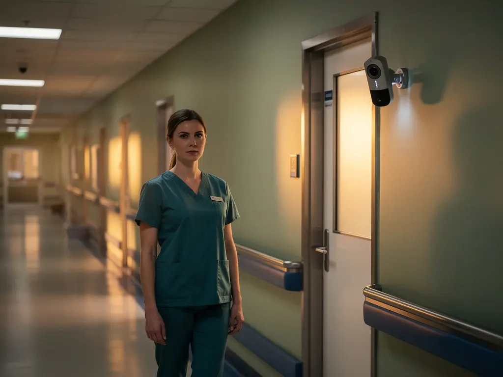 Verpleegkundige in scrubs in een zacht verlichte ziekenhuisgang met een AI-camerasensor boven een patientenkamerdeur.