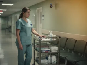 Uitgeputte verpleegkundige in scrubs leunt op een zorgkar in een zachtgekleurde ziekenhuisgang met lege stoelen en een AI-bewakingscamera.