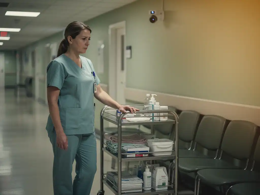 Uitgeputte verpleegkundige in scrubs leunt op een zorgkar in een zachtgekleurde ziekenhuisgang met lege stoelen en een AI-bewakingscamera.
