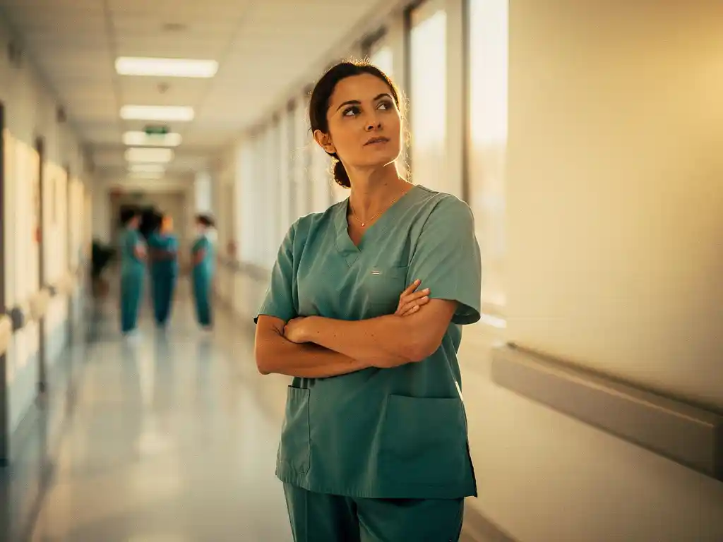 Verpleegkundige in scrubs staat bedachtzaam in een lichte ziekenhuisgang, met collega's op de achtergrond.