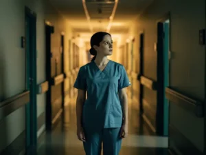 Verpleegkundige in scrubs aan het einde van een verlichte ziekenhuisgang met warme amber gloed en lege deuropeningen.