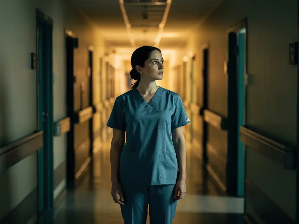 Verpleegkundige in scrubs aan het einde van een verlichte ziekenhuisgang met warme amber gloed en lege deuropeningen.