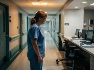 Verpleegkundige in scrubs stilstaand in een verlichte ziekenhuisgang, blik gericht op een verlaten verpleegpost met lege stoelen en onaangeroerde klemborden.